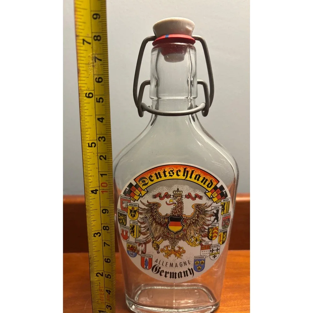 Deutschland Germany Souvenir Schnapps Decanter and 6 Shot‎ Glass Set Gold Rim